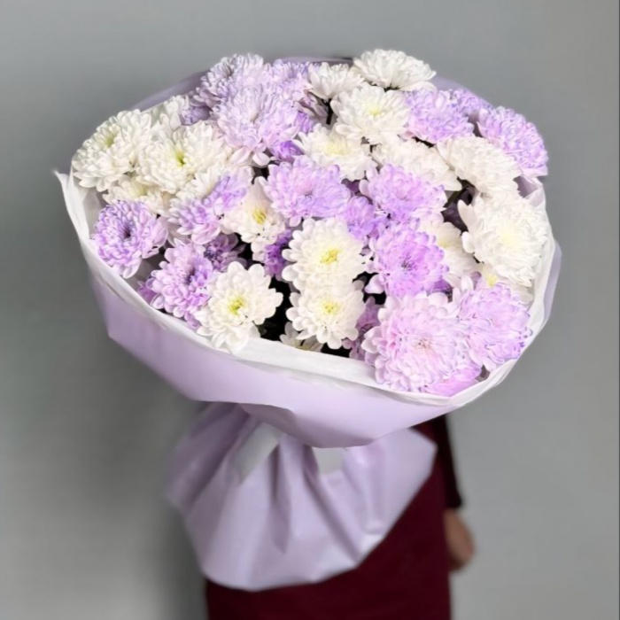 Букет из 9 фиолетовых и белых хризантем